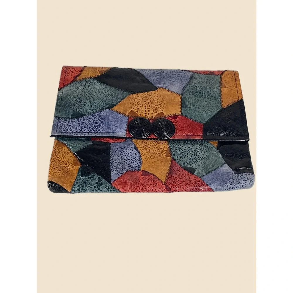 Vintage 90s Clutch Purse Handcrafted Leather Crazy Quilt Patchwork Statement